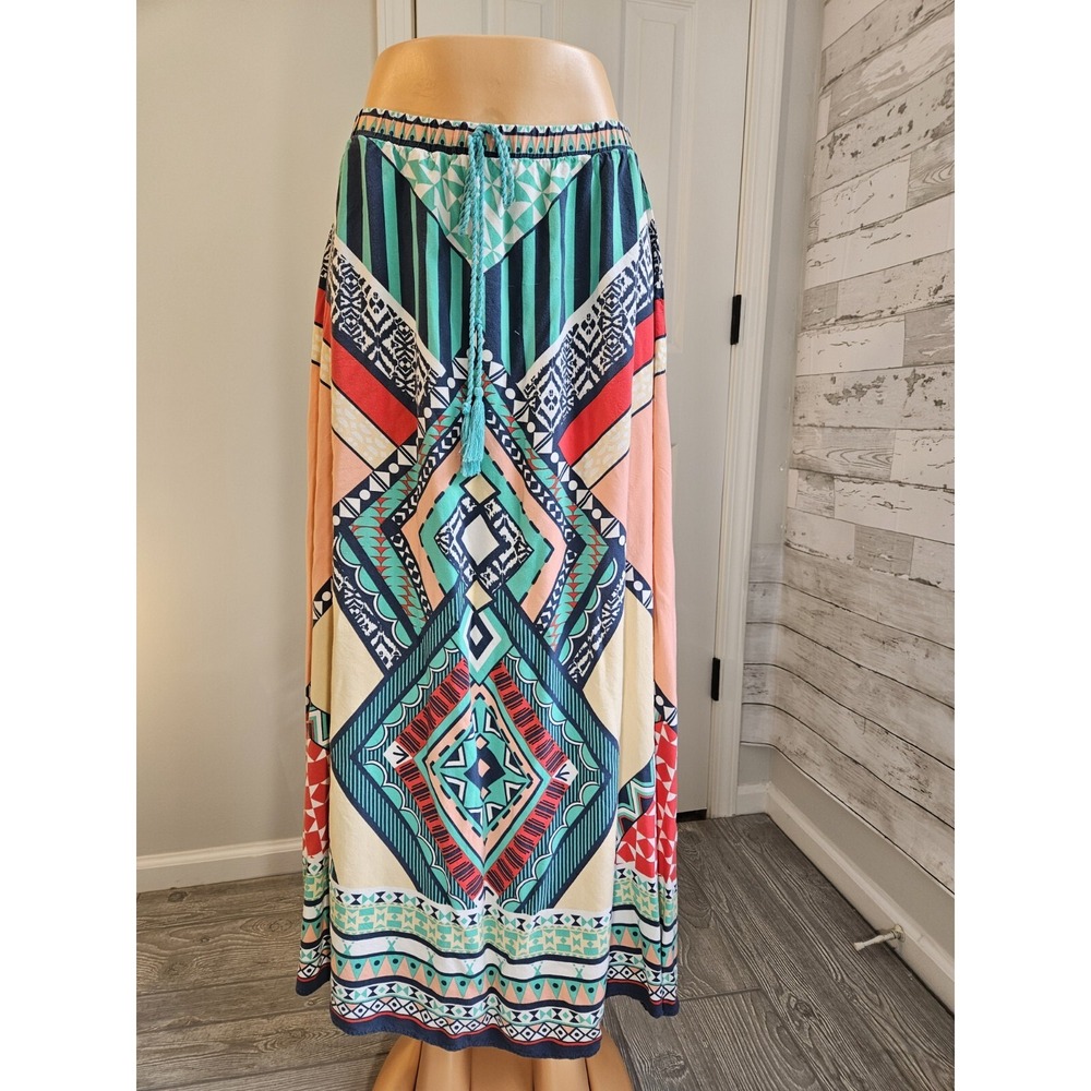 Flying Tomato Women Multicolor Geometric Tribal Print Rayon Maxi Skirt M